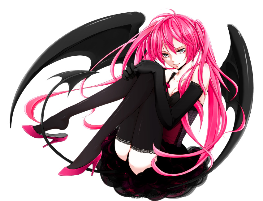 bare_shoulders black_legwear colored_eyelashes demon_girl demon_tail demon_wings elbow_gloves eyelashes gloves gothic_lolita high_heels highres lace lace-trimmed_thighhighs leg_hug legs lolita_fashion long_hair original pink_hair shoe_dangle shoes silver_eyes sitting smile solo tail thighhighs twintails wings