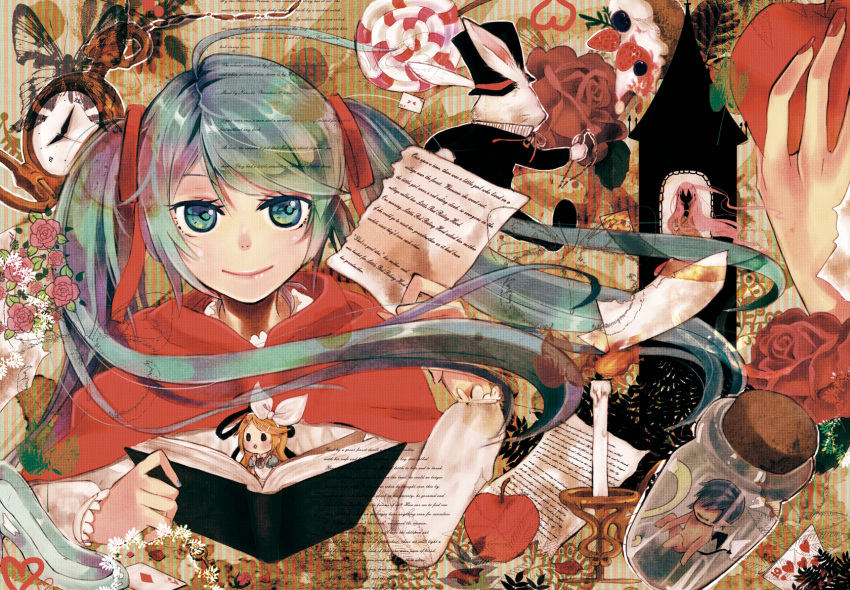 alice_(wonderland) alice_(wonderland)_(cosplay) alice_in_wonderland apple aqua_eyes aqua_hair blonde_hair blue_hair book bunny butterfly candle candy cape card chibi clock cosplay fingernails fire flame floating_card flower food fruit hat hatsune_miku highres holding jar kagamine_rin kaito little_red_riding_hood little_red_riding_hood_(cosplay) little_red_riding_hood_(grimm) lollipop long_hair megurine_luka nail_polish paper rapunzel rapunzel_(cosplay) rapunzel_(grimm) red_rose rose short_hair smile twintails very_long_hair vient vocaloid