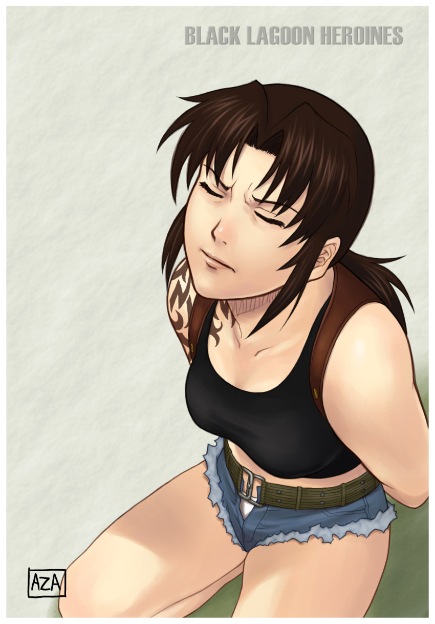 arms_behind_back azasuke belt black_lagoon brown_hair denim denim_shorts closed_eyes holster kneeling long_hair panties ponytail revy short_shorts shorts solo tank_top tattoo watermark white_panties