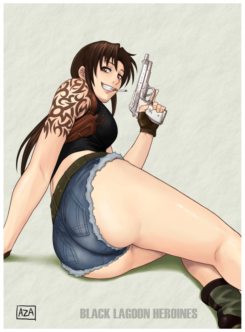 arm_support ass azasuke belt big_ass black_lagoon boots brown_eyes brown_hair cigarette denim denim_shorts fingerless_gloves from_behind gloves grin gun holster huge_ass long_hair looking_back lying on_side revy short_shorts shorts solo tank_top tattoo watermark weapon