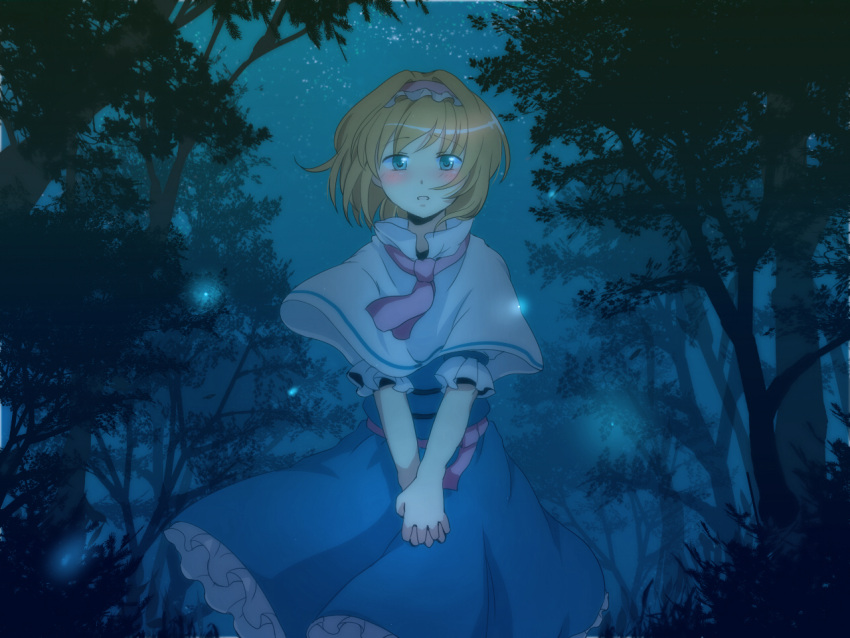 alice_margatroid bad_id blonde_hair blue blue_eyes blush capelet dress forest glowing hairband hands_clasped nature necktie night night_sky open_mouth petticoat short_hair skirt sky solo standing touhou tree v_arms wallpaper yuuyuu_(yuko)