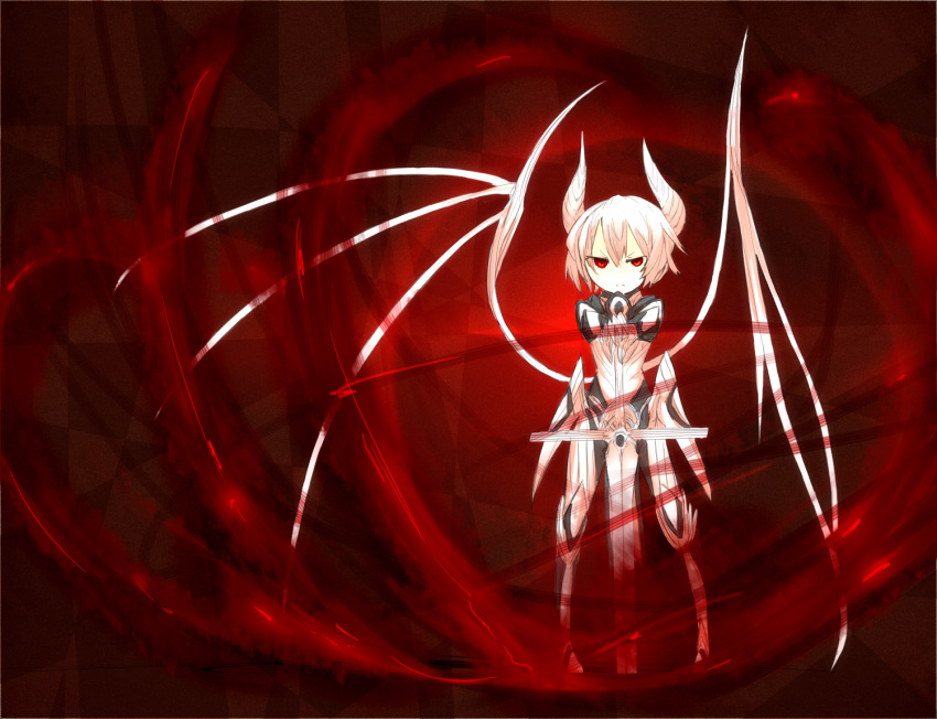 armor horns original red_eyes shiroganeusagi short_hair sword weapon white_hair wings