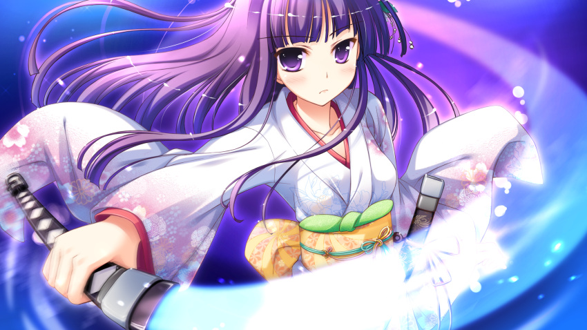 furisode game_cg highres iro_ni_ide_ni_keri_waga_koi_wa japanese_clothes kimono ko~cha purple_eyes purple_hair sword tenjo_kikyou tenjou_kikyou weapon