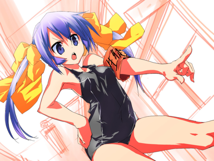 alta armband blue_eyes blue_hair dutch_angle long_hair one-piece_swimsuit original school_swimsuit solo swimsuit twintails