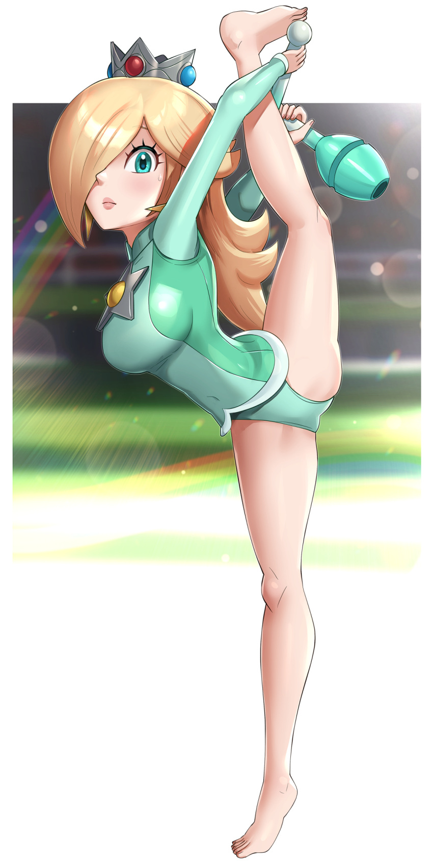 1girl adapted_costume bare_legs barefoot blonde_hair blue_eyes breasts club covered_navel crown flexible full_body gonzarez hair_over_one_eye highres lips long_hair long_sleeves looking_at_viewer super_mario_bros. object_request rosalina solo split standing standing_on_one_leg standing_split star_(symbol) super_mario_galaxy weapon