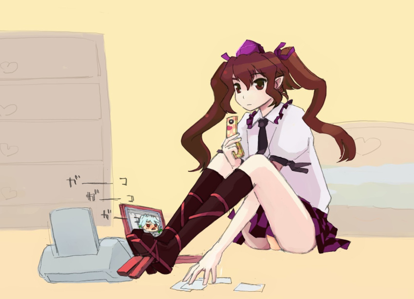 brown_hair cellphone checkered checkered_skirt computer expressionless geta hat himekaidou_hatate izayoi_sakuya laptop necktie panties phone pinzu pointy_ears printer short_hair sitting skirt tengu-geta tokin_hat touhou twintails underwear