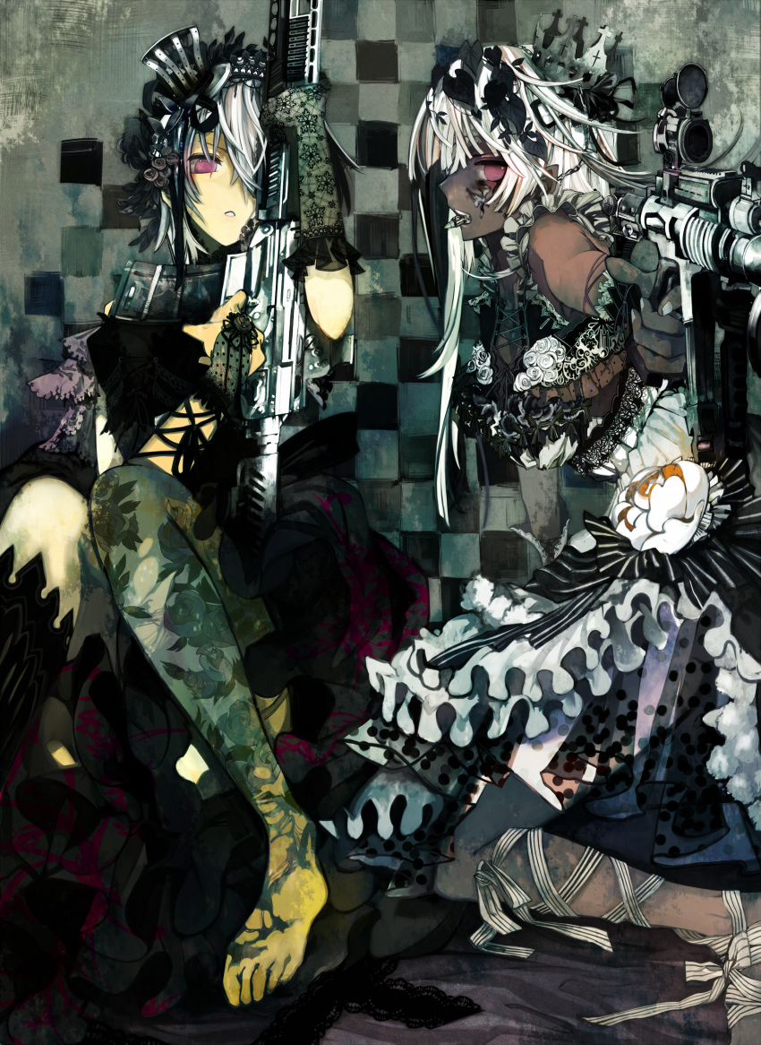 2girls absurdres aiming barefoot black_vs_white bridal_gauntlets bullet checkered checkered_background crown dark_skin dress flower frills gloves gothic gun hair_ornament hair_over_one_eye hat highres kneeling long_hair mini_top_hat mouth_hold multiple_girls original pink_eyes profile rifle siblings silver_hair sisters sitting sniper_rifle top_hat twins ukai_saki weapon white_hair