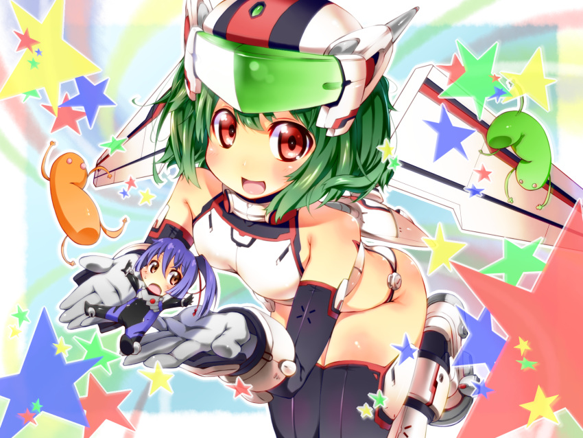 bent_over blue_hair blush cellphone chibi cosplay giantess green_hair helmet highres ichi_makoto macross macross_frontier macross_frontier:_itsuwari_no_utahime mecha mecha_musume miniboy no_nose open_mouth phone ponytail purple_hair ranka_lee red_eyes saotome_alto star thigh-highs thighhighs vf-25 vf-25_(cosplay)