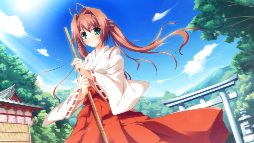 antenna_hair brown_hair game_cg green_eyes highres iro_ni_ide_ni_keri_waga_koi_wa japanese_clothes miko narumi_yuu narumi_yuu_(bunbukudou) shrine stone_lantern suzueda_komachi torii twintails