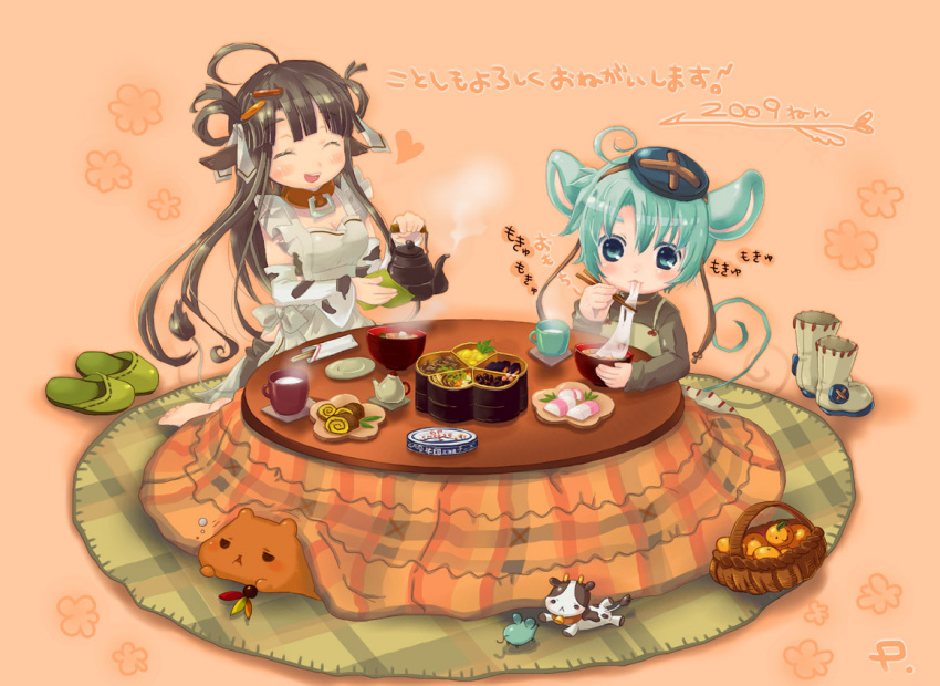 animal_ears apron aqua_hair barefoot basket black_hair blue_eyes boots buttons capybara capybara-san chopsticks closed_eyes cow cow_ears cow_tail cup eating food fruit hair_ornament hairclip happy kotatsu mouse mouse_ears mouse_tail orange original popurieru slippers smile table tail teapot