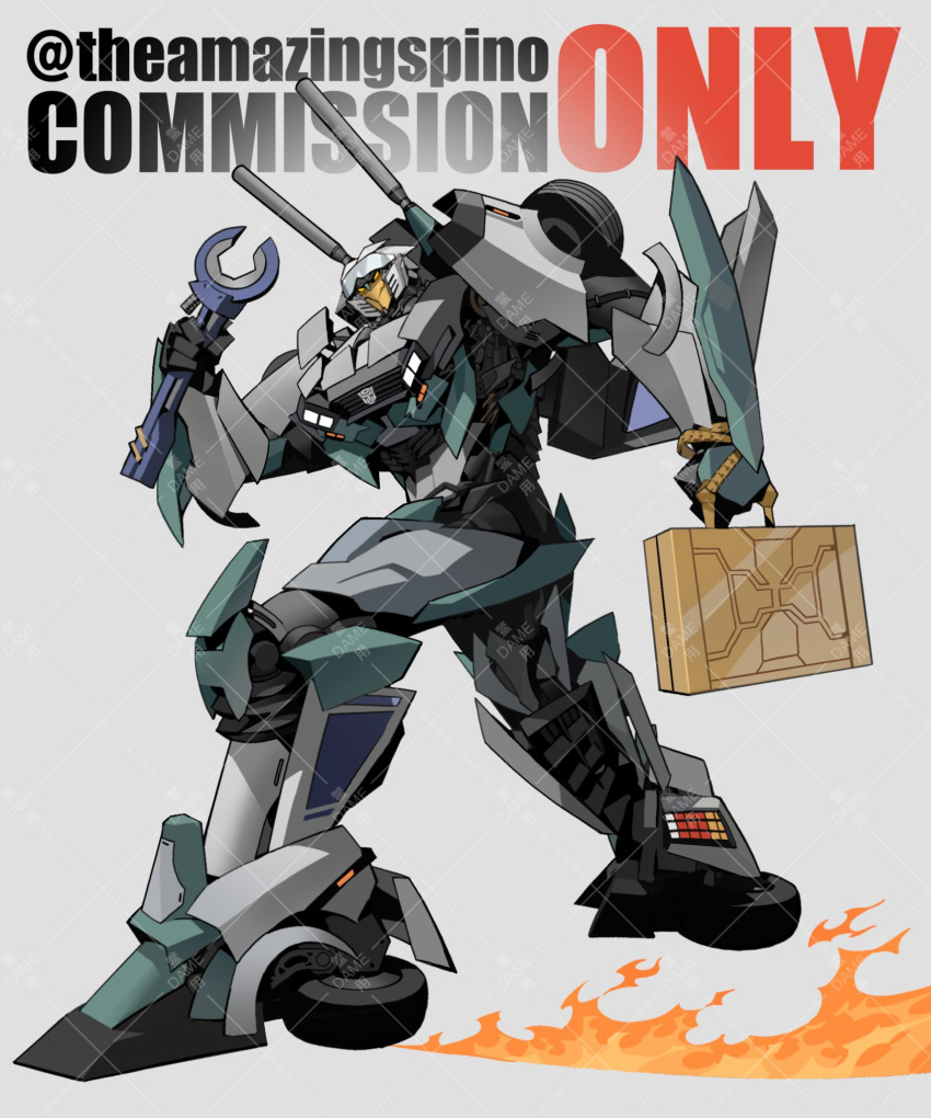 autobot back_to_the_future brainstorm_(transformers) briefcase commission from_side highres holding holding_briefcase holding_wrench kamitoge_supino looking_at_viewer mecha no_humans pink_eyes redesign robot solo transformers watermark wheel wrench