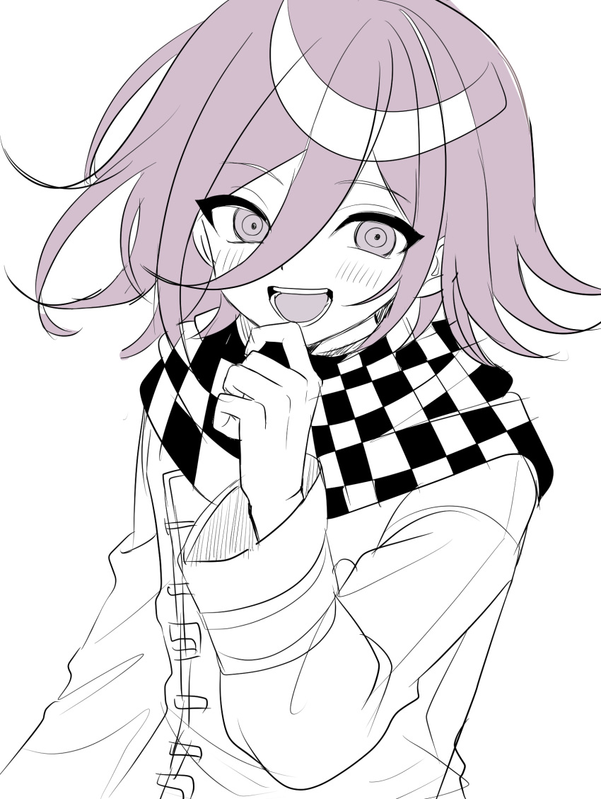 1boy :d blush checkered_clothes checkered_scarf danganronpa_(series) danganronpa_v3:_killing_harmony hair_between_eyes hand_on_own_chin hand_up highres jacket long_sleeves looking_at_viewer medium_hair oma_kokichi open_mouth pink_hair scarf simple_background smile solo teeth upper_body urami0310 white_background