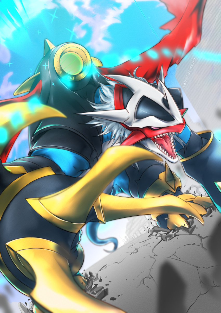 absurdres armor bad_id bad_pixiv_id cannon claws digimon digimon_(creature) dragon highres horns imperialdramon incoming_attack jiyuuya no_humans open_mouth sharp_teeth teeth white_hair wings