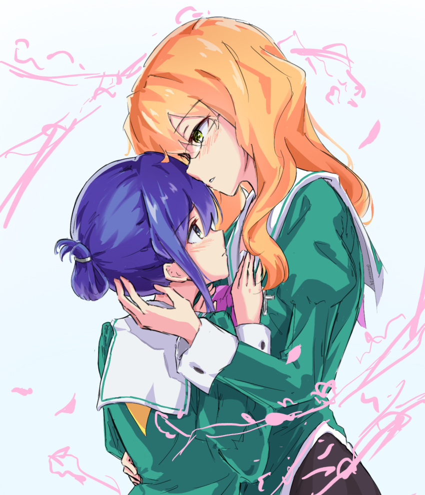 2girls aracari blue_hair blush buttoned_cuffs chibana_sumika closed_mouth commentary couple english_commentary folded_ponytail from_side glasses green_eyes green_shirt hair_between_eyes hand_on_another's_waist hands_on_another's_chest height_difference highres hug juliet_sleeves liebe_girls_academy_school_uniform long_hair long_sleeves looking_at_another mamiya_kanoko multiple_girls neckerchief orange_hair parted_lips puffy_sleeves purple_neckerchief sailor_collar school_uniform shirt simple_background upper_body watashi_no_yuri_wa_oshigoto_desu! wavy_hair white_background white_sailor_collar yellow_neckerchief yuri