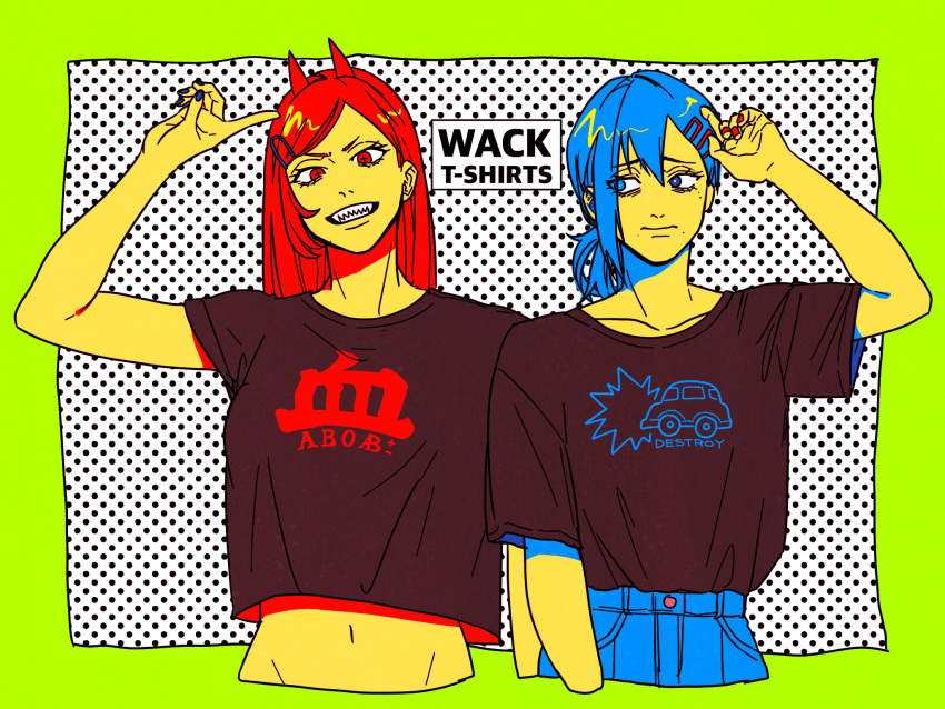 2girls arm_up black_shirt blue_hair blue_nails chainsaw_man crop_top cross-shaped_pupils drgryu750 hair_ornament hairclip halftone halftone_background higashiyama_kobeni highres horns limited_palette long_hair looking_at_viewer looking_to_the_side midriff mole mole_on_cheek mole_under_eye multiple_girls multiple_moles parted_lips power_(chainsaw_man) red_horns red_nails redhead sharp_teeth shirt short_hair short_ponytail side_ponytail single_sidelock smile symbol-shaped_pupils teeth