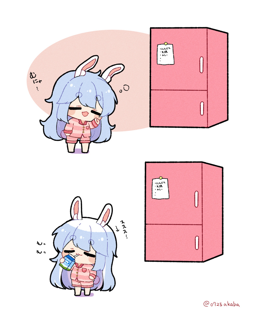 0725akaba 1girl :d animal_ear_fluff animal_ears barefoot blue_hair brown_background chibi closed_eyes commentary_request drinking drinking_straw hair_down highres holding_carton hololive jacket long_hair long_sleeves milk_carton pink_jacket pink_shorts rabbit_ears rabbit_girl rabbit_tail refrigerator short_eyebrows shorts smile striped striped_jacket striped_shorts tail thick_eyebrows translation_request twitter_username two-tone_background usada_pekora very_long_hair virtual_youtuber white_background
