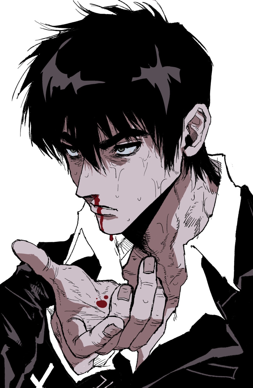 1boy absurdres black_eyes black_hair black_jacket blood collared_shirt hand_up highres jacket long_sleeves male_focus my_nameisyoon nicholas_d._wolfwood nosebleed parted_lips shirt short_hair simple_background solo trigun upper_body white_background white_shirt