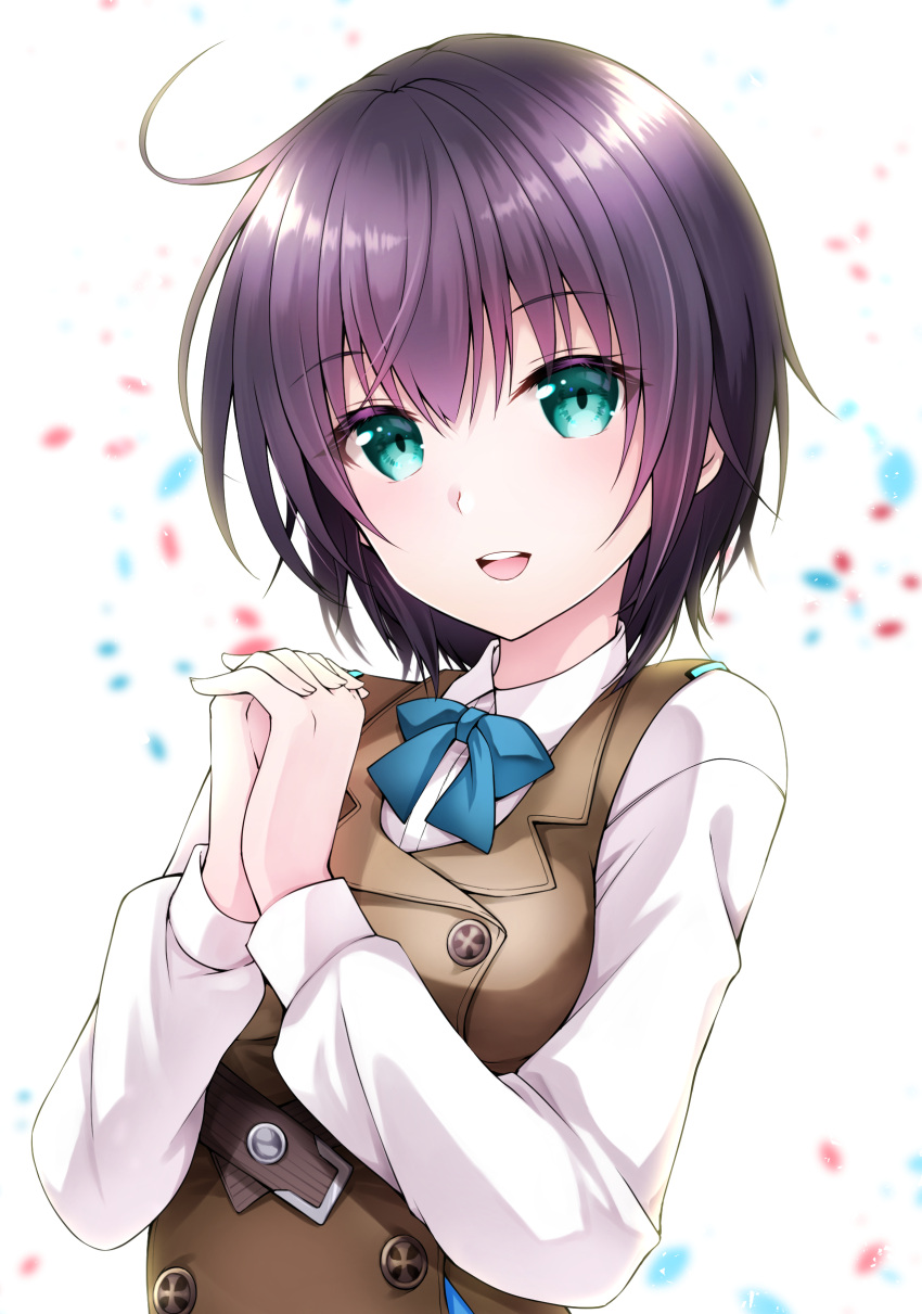 1girl :d absurdres aoi_erika aqua_eyes black_hair blue_ribbon brown_vest chibinon commentary_request confetti eyelashes eyes_visible_through_hair hair_between_eyes hands_up heaven_burns_red highres interlocked_fingers light_blush long_sleeves looking_at_viewer open_mouth own_hands_together ribbon round_teeth school_uniform shirt short_hair simple_background smile solo straight-on teeth upper_body upper_teeth_only vest white_background white_shirt
