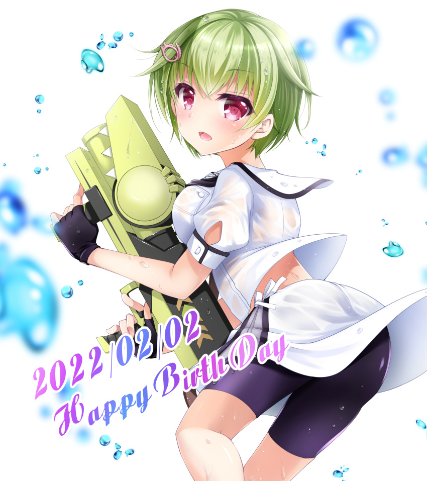 1girl 2022 absurdres black_gloves black_shorts blurry blush breasts chibinon commentary_request cowboy_shot crocodile_hair_ornament crossed_bangs dated depth_of_field eyelashes fingerless_gloves floating_clothes from_side gloves green_hair hair_between_eyes happy_birthday highres holding holding_water_gun leaning_forward looking_at_viewer medium_breasts miniskirt nomura_miki open_mouth puffy_short_sleeves puffy_sleeves red_eyes sailor_collar school_uniform shirt short_hair short_sleeves shorts simple_background skirt smile solo standing summer_pockets water_drop water_gun wet wet_clothes wet_hair wet_shirt wet_skirt white_background white_sailor_collar white_shirt white_skirt
