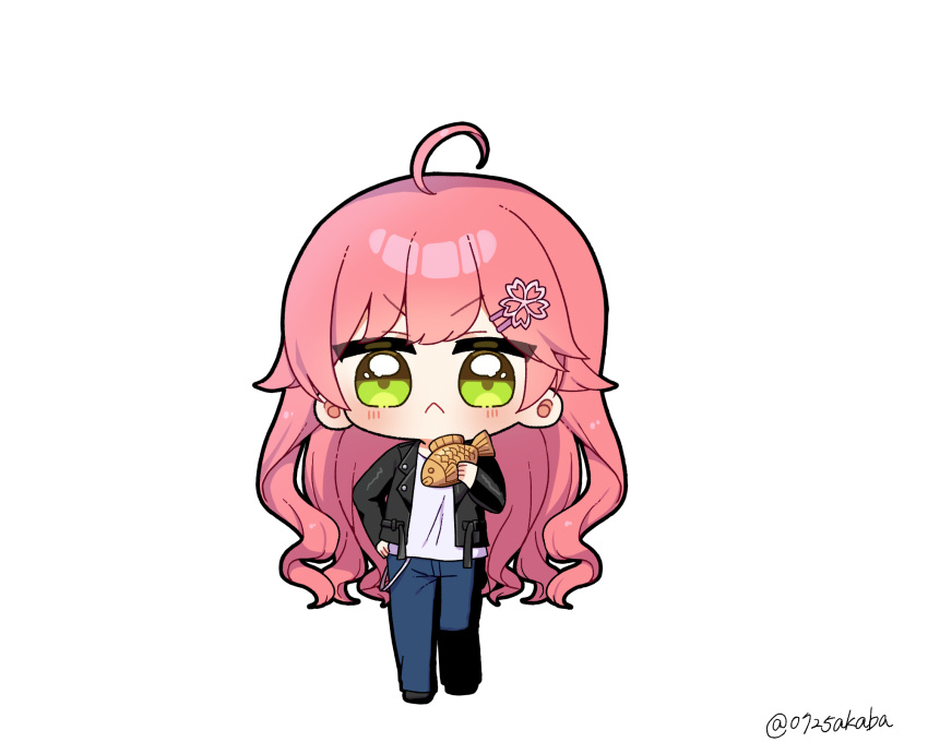 0725akaba 1girl :&lt; ahoge black_footwear black_jacket blue_pants blush closed_mouth commentary_request food full_body green_eyes hair_ornament hairclip hand_on_own_hip hand_up highres holding holding_food hololive jacket long_hair long_sleeves looking_at_viewer open_clothes open_jacket pants pink_hair sakura_miko shirt shoes simple_background sleeves_past_wrists solo standing taiyaki twitter_username v-shaped_eyebrows very_long_hair virtual_youtuber wagashi white_background white_shirt