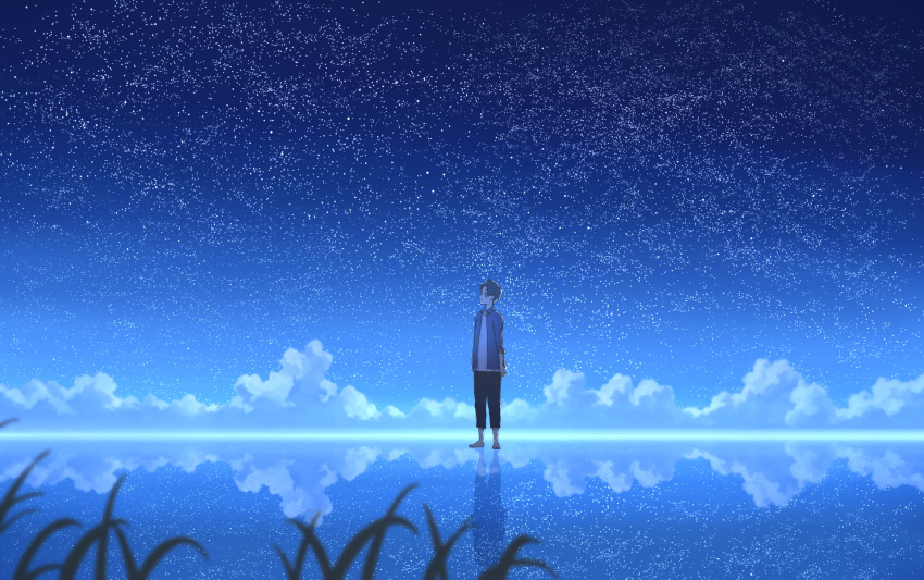1boy anyotete barefoot black_hair blurry clouds commentary depth_of_field english_commentary grass highres horizon night night_sky open_clothes original outdoors reflective_floor scenery shirt short_hair sky solo standing star_(sky) starry_sky white_shirt wide_shot