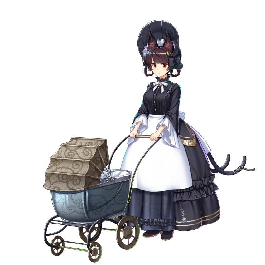1girl alternate_eye_color alternate_hair_color animal_ear_fluff animal_ears apron black_dress black_footwear black_headwear braid breasts brown_eyes brown_hair cat_ears cat_tail closed_mouth cradle dress full_body game_cg highres kaenbyou_rin kaenbyou_rin_(the_tiny_queen's_nursemaid) long_sleeves looking_at_viewer maid multiple_tails nekomata rotte_(1109) side_braids simple_background solo tail third-party_source touhou touhou_lost_word twin_braids two_tails white_apron white_background