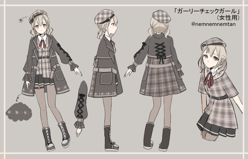 1girl azusawa_kohane belt belt_buckle beret black_belt black_ribbon brown_hair buckle buttons closed_mouth coat coat_removed collared_shirt commentary_request from_side full_body girly_check_girl_(project_sekai) hat highres lapels long_sleeves looking_at_viewer multiple_views nemnemnemtan notched_lapels open_clothes open_coat plaid_headwear pleated_skirt project_sekai ribbon shirt shoelaces short_twintails skirt standing thigh_strap translation_request turnaround twintails twitter_username