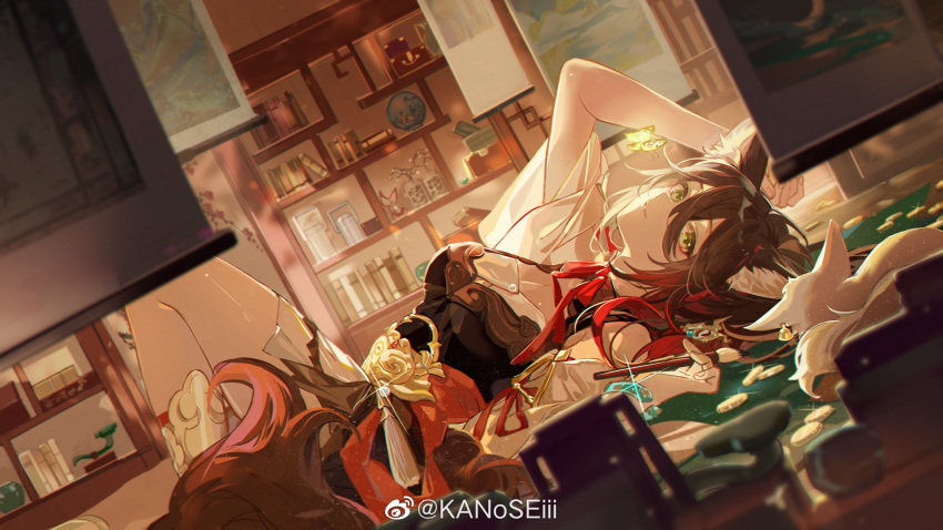 animal animal_ears artist_name bracelet brown_hair bug butterfly coin dress fox_ears fox_girl fox_tail gold_coin green_bracelet green_eyes highres hitokoto honkai:_star_rail honkai_(series) jewelry looking_at_viewer lying solo tail tingyun_(honkai:_star_rail) weibo_logo weibo_username