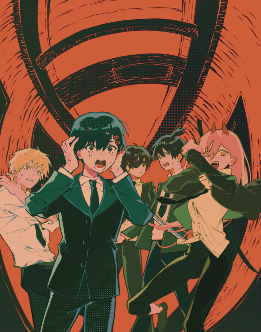 2boys 3girls black_hair black_jacket black_necktie black_pants blonde_hair blue_eyes chainsaw_man collared_shirt cross-shaped_pupils denji_(chainsaw_man) eyepatch halftone_texture hallway hands_on_own_face hayakawa_aki higashiyama_kobeni highres himeno_(chainsaw_man) holding holding_sword holding_weapon horns jacket long_hair looking_at_another looking_at_viewer looking_to_the_side mole mole_under_eye mole_under_mouth multiple_boys multiple_girls necktie open_mouth pants parted_lips pink_hair power_(chainsaw_man) red_horns screaming sharp_teeth shirt shirt_tucked_in short_hair smile suit suit_jacket sweat sword symbol-shaped_pupils teeth topknot tuzaixia weapon white_shirt yellow_eyes