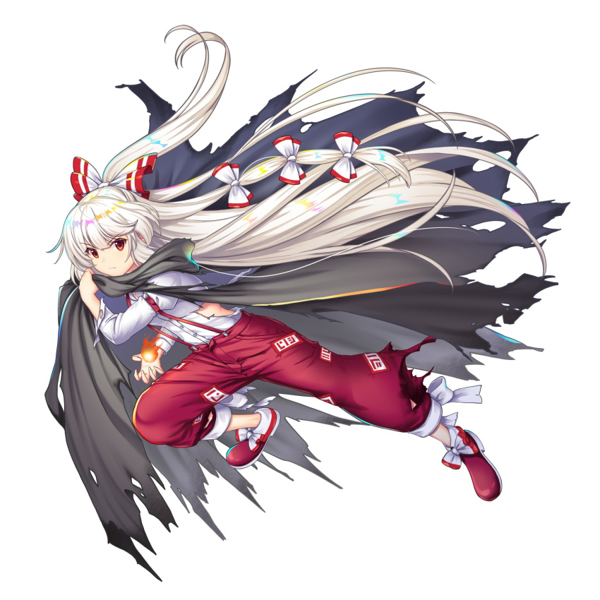 1girl black_cape bow cape closed_mouth fire footwear_bow fujiwara_no_mokou fujiwara_no_mokou_(silver_gale) full_body game_cg hair_bow highres long_hair long_sleeves looking_at_viewer ofuda ofuda_on_clothes pants red_eyes red_footwear red_pants rotte_(1109) shirt simple_background solo suspenders third-party_source torn_cape torn_clothes torn_shirt touhou touhou_lost_word white_background white_bow white_hair white_shirt