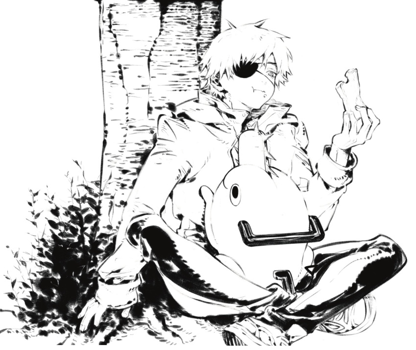1boy bread chainsaw chainsaw_man denji_(chainsaw_man) eating eyepatch food greyscale highres jacket lineart looking_at_object monochrome pochita_(chainsaw_man) short_hair simple_background sitting tree tuzaixia white_background
