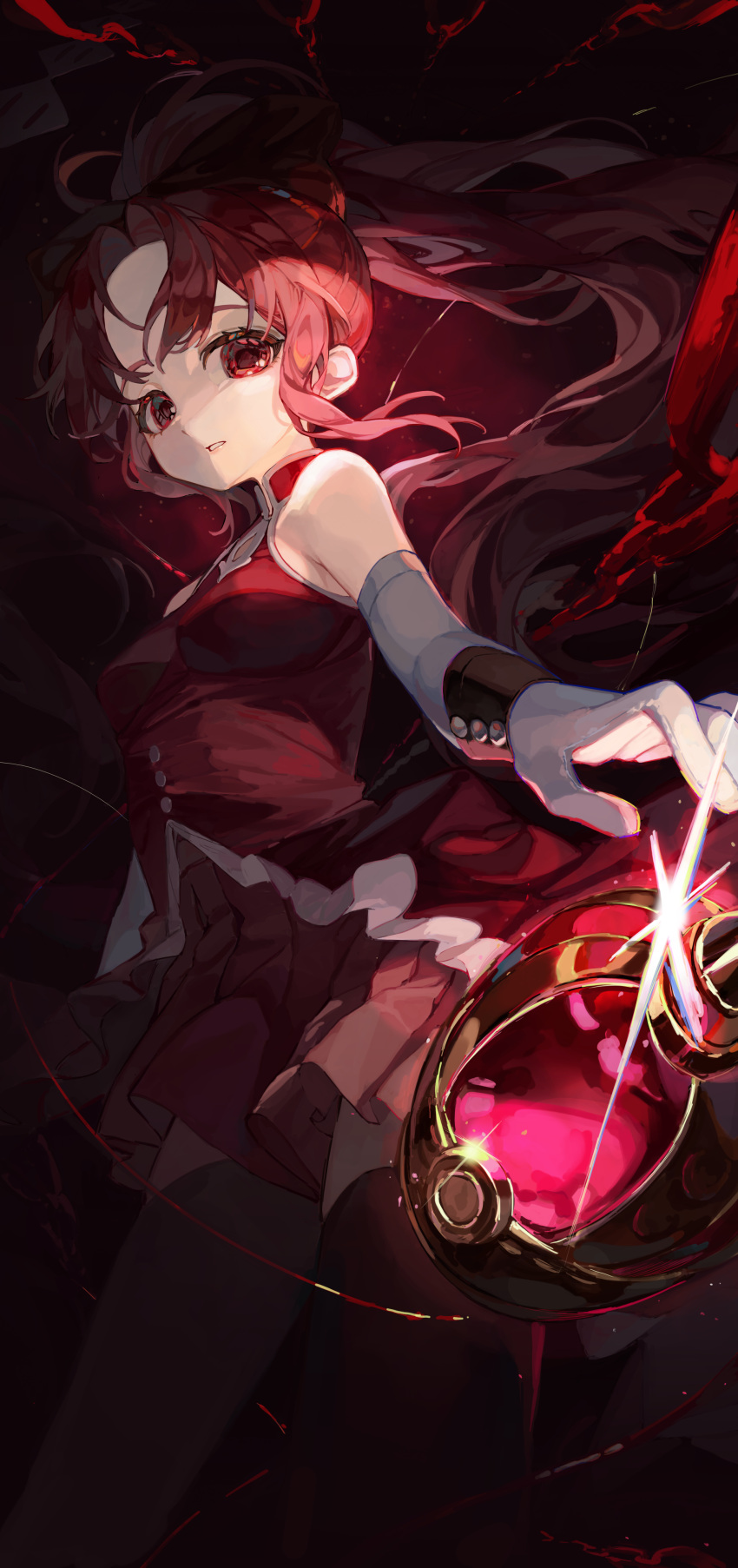 1girl absurdres bare_shoulders black_bow black_thighhighs bow chain chun_sam dim_lighting elbow_gloves floating_hair frilled_shirt frills gloves gradient_background hair_bow highres long_hair looking_at_object magical_girl mahou_shoujo_madoka_magica parted_lips ponytail reaching red_eyes red_shirt red_skirt redhead sakura_kyouko shirt skirt solo soul_gem sparkle thigh-highs white_gloves wrist_cuffs