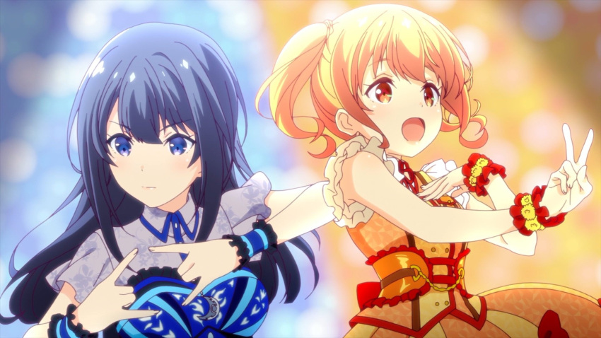 2girls :d black_hair blue_dress blue_eyes blurry blurry_background collared_dress dot_nose double_fox_shadow_puppet dress fox_shadow_puppet frilled_dress frills hair_between_eyes hand_on_own_chest hand_up highres idoly_pride kawasaki_sakura_(idoly_pride) long_hair looking_ahead multiple_girls nagase_kotono official_art open_mouth orange_dress orange_eyes orange_hair serious short_twintails side-by-side sidelocks sleeveless sleeveless_dress smile straight_hair twintails upper_body v v-shaped_eyebrows wrist_cuffs