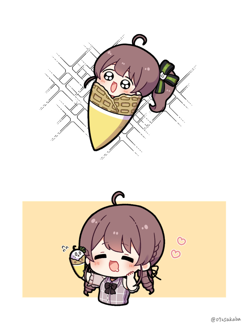 0725akaba 2girls :d ahoge blush brown_background brown_hair chibi closed_eyes clothing_cutout collared_shirt commentary_request cropped_torso drill_hair drooling flying_sweatdrops food grey_shirt heart highres holding holding_food hololive ice_cream_cone long_sleeves low_twintails multiple_girls natsuiro_matsuri saliva see-through see-through_sleeves shirt shoulder_cutout side_ponytail smile sparkle_background twin_drills twintails twitter_username two-tone_background upper_body virtual_youtuber white_background