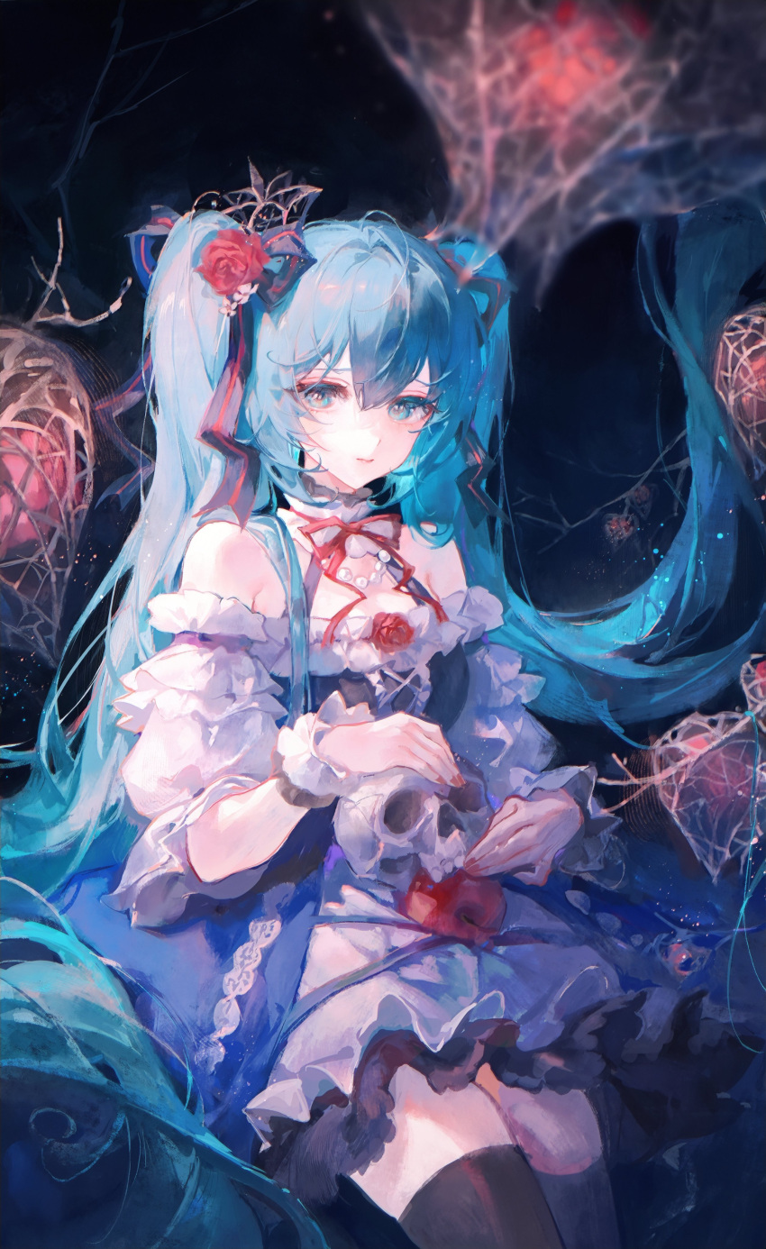 1girl absurdres apple bare_shoulders blue_eyes blush bow bowtie colorful dress flower food fruit hair_between_eyes hair_flower hair_ornament hatsune_miku highres holding holding_skull jewelry long_hair looking_at_viewer maccha_(mochancc) nail_polish neck necktie red_nails sidelocks sitting skull solo twintails vocaloid