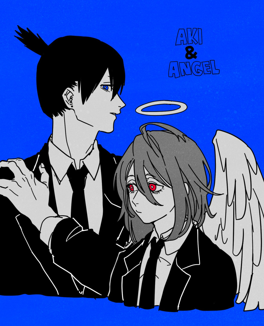 2boys angel angel_devil_(chainsaw_man) angel_wings black_hair black_jacket black_necktie blue_background blue_eyes chainsaw_man character_name collared_shirt drgryu750 greyscale_with_colored_background hair_between_eyes halo hayakawa_aki highres jacket looking_at_viewer looking_to_the_side monochrome multiple_boys necktie red_eyes shirt short_hair sideways_glance simple_background spot_color suit suit_jacket topknot wings