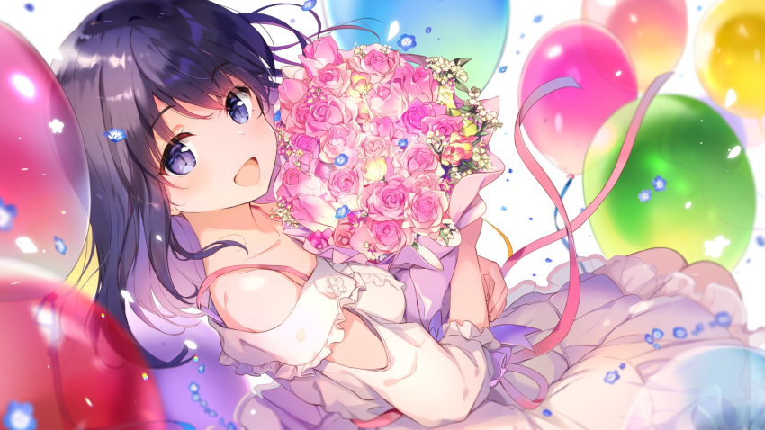 1girl :d arm_cutout balloon bare_shoulders birthday blush bouquet breasts collarbone commentary_request confetti dot_nose dress flower frilled_dress frills from_above full_body highres holding holding_bouquet idoly_pride legs_together light_particles long_bangs long_hair looking_at_viewer nagase_mana object_hug off-shoulder_dress off_shoulder official_art open_mouth parted_bangs pink_flower purple_hair qp:flapper raised_eyebrows sidelocks small_breasts smile solo violet_eyes white_dress yellow_flower