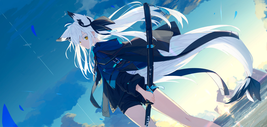 1girl ahoge animal_ear_fluff animal_ears bare_legs blue_sky clouds commentary_request crossed_bangs dutch_angle ear_ornament ear_ribbon extra_ears feet_out_of_frame fox_ears fox_girl fox_tail hair_between_eyes highres holding holding_sword holding_weapon hood hooded_jacket horizon jacket katana long_hair long_sleeves long_tail looking_at_viewer nagishiro_mito nape ocean open_clothes open_jacket original puffy_long_sleeves puffy_sleeves ribbon seascape sheath sheathed shorts sidelocks sky solo sword tail tail_ornament tail_ribbon weapon white_hair