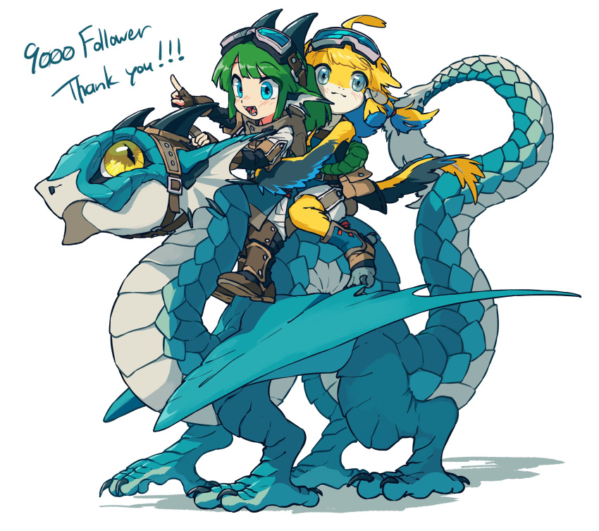 2girls absurdres ahoge arm_around_waist belt_pouch blonde_hair blue_eyes blue_hair boots brown_gloves closed_mouth doggo_1d34 dragon dragon_girl dragon_horns dragon_tail english_text fangs fingerless_gloves fins furry furry_female gloves goggles goggles_on_head green_hair head_fins highres horns jacket long_hair long_sleeves looking_at_viewer making-of_available milestone_celebration multicolored_hair multiple_girls open_mouth original pointing pouch riding shorts sidelocks simple_background sitting sleeveless smile tail talons thank_you two-tone_hair white_background yellow_fur