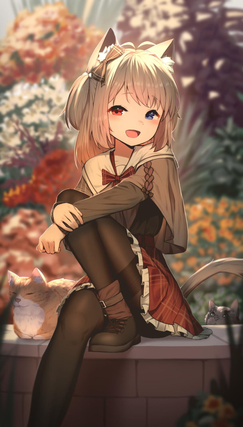 1girl absurdres animal animal_ear_fluff animal_ears antenna_hair black_footwear black_pantyhose blue_eyes blurry blurry_background blush bow brown_hair cat cat_ears cat_girl cat_tail flower frilled_skirt frills hair_bow heterochromia highres hoplitx long_sleeves looking_at_viewer mixed-language_commentary one_side_up open_mouth original outdoors pantyhose plaid plaid_skirt pleated_skirt red_eyes red_skirt sitting skirt solo tail thighband_pantyhose