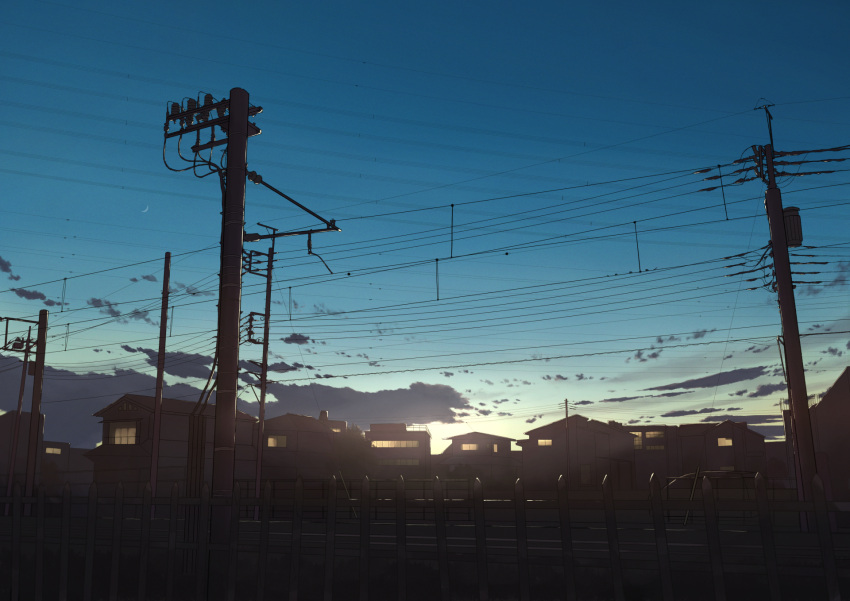 anyotete building car city cityscape clouds commentary crescent_moon day fence film_grain highres house moon motor_vehicle no_humans original outdoors power_lines railroad_tracks road scenery sky sunset utility_pole window