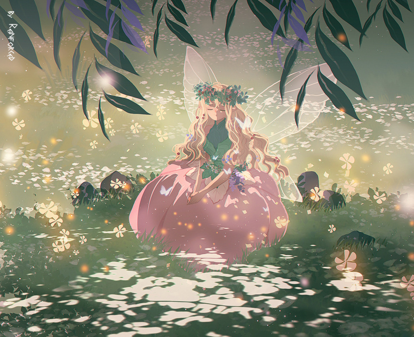 1girl brown_hair butterfly_wings closed_eyes curly_hair dress facing_viewer falling_petals flower_wreath full_body green_scarf long_bangs long_dress long_hair original own_hands_together petals pink_dress plant reinforced rock scarf sidelocks sitting solo tan tree wings