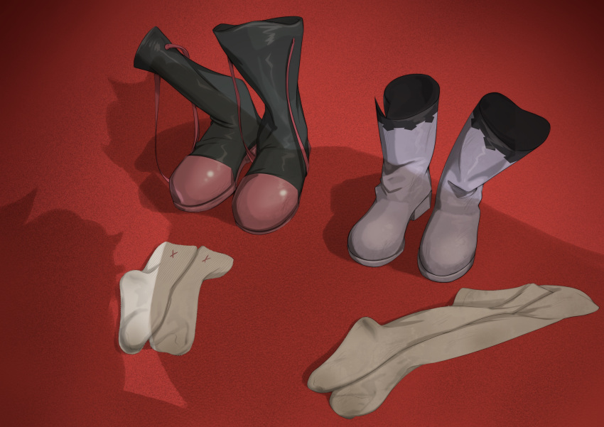 absurdres akame_ga_kill! black_footwear boots boots_removed bow character_request chelsea_(akame_ga_kill!) commentary english_commentary footwear_focus ghhoward grey_footwear highres pink_footwear red_bow ribbed_socks shadow sheele socks_removed two-tone_footwear