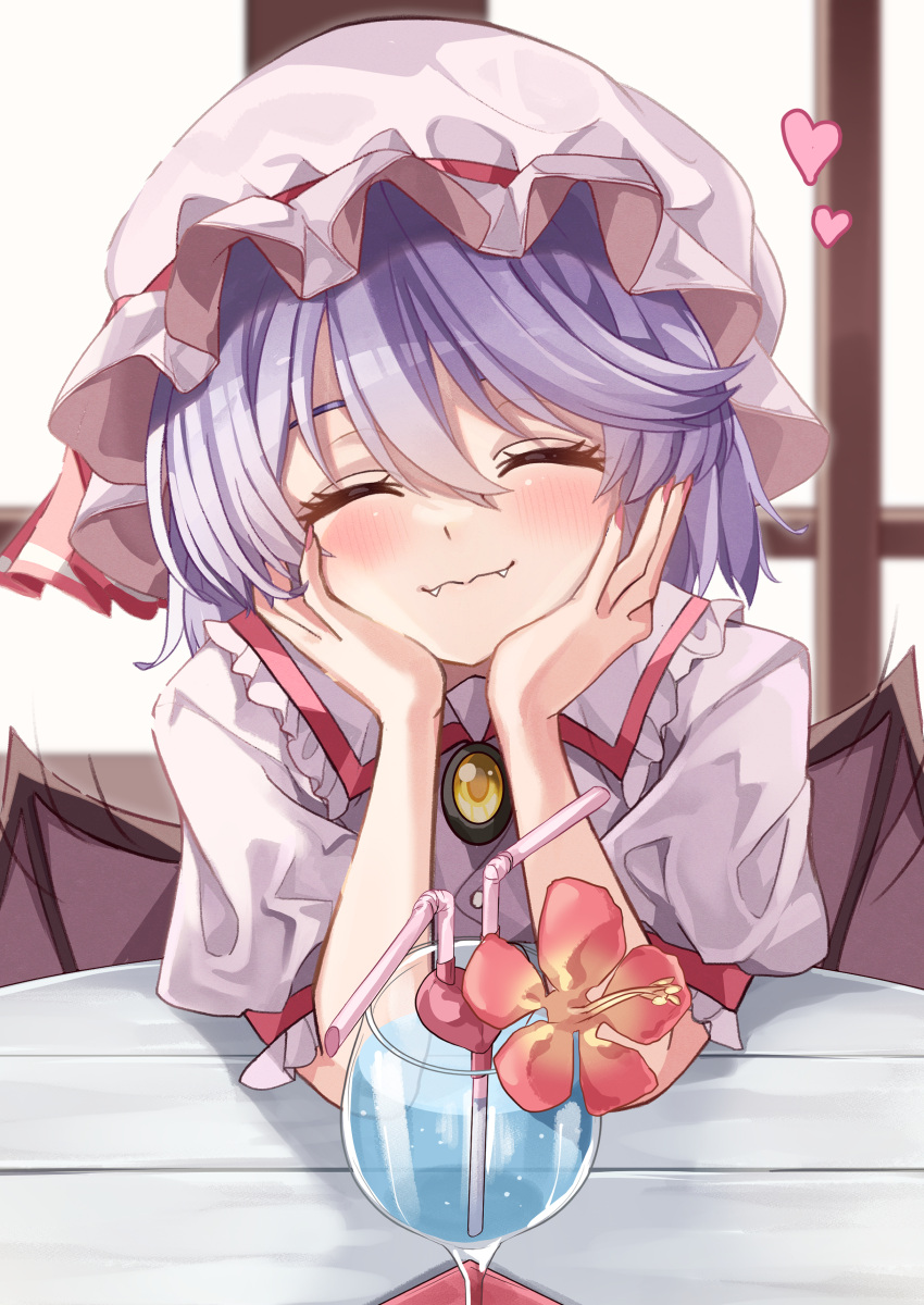 1girl absurdres bat_wings closed_eyes closed_mouth commentary cup drink drinking_glass drinking_straw facing_viewer fangs flower hair_between_eyes hands_on_own_face hat hat_ribbon heart highres maboroshi_mochi mob_cap pink_nails purple_hair red_flower red_nails red_ribbon remilia_scarlet ribbon shirt short_hair short_sleeves smile solo touhou upper_body white_headwear white_shirt window wings