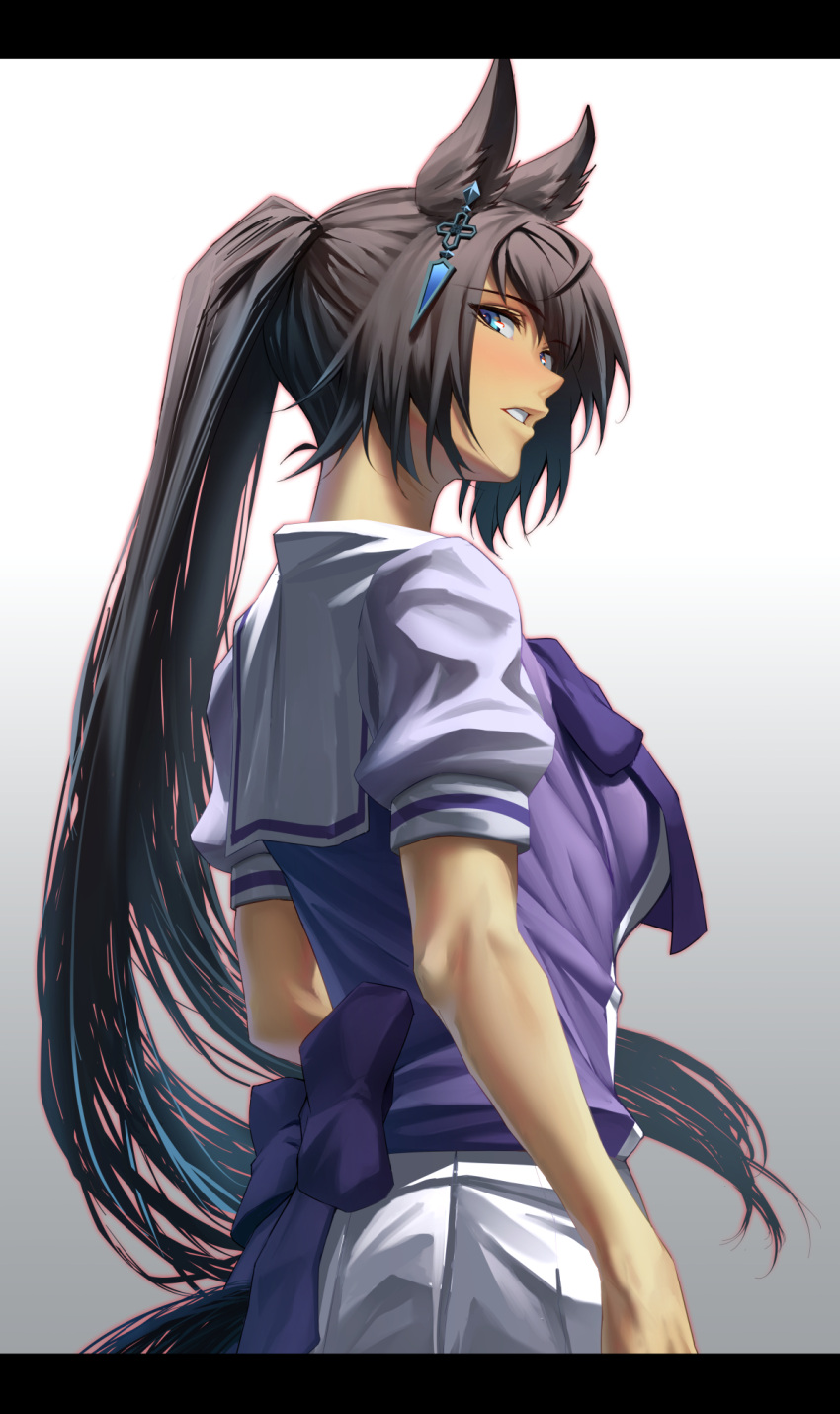 1girl animal_ears arms_at_sides back_bow bare_arms bare_shoulders black_hair blue_eyes bow cowboy_shot ear_ornament from_side high_ponytail highres horse_ears horse_girl horse_tail letterboxed light_blush lips long_hair looking_at_viewer parted_lips pleated_skirt purple_bow sailor_collar school_uniform shirt sideways_glance skirt solo suwa763 symboli_kris_s_(umamusume) tail tail_through_clothes tan tracen_school_uniform umamusume very_long_hair white_skirt