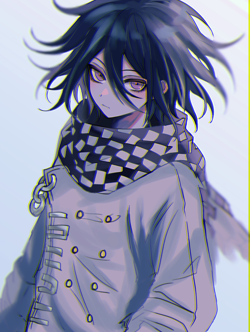 1boy black_hair buttons checkered_clothes checkered_scarf closed_mouth danganronpa_(series) danganronpa_v3:_killing_harmony double-breasted frown grey_background grey_jacket hair_between_eyes highres jacket long_sleeves messy_hair oma_kokichi scarf simple_background solo upper_body urami0310