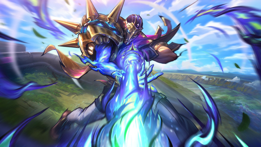 1boy clouds day flaming_arm flaming_weapon gloves glowing glowing_eyes grass grey_pants gun highres holding holding_weapon jhin league_of_legends looking_at_viewer male_focus mask official_art outdoors pants rifle shoulder_spikes single_shoulder_pad solo soul_fighter_jhin spikes standing weapon