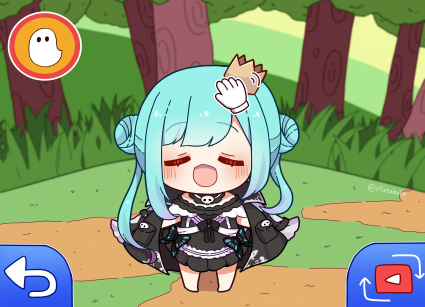 0725akaba 1girl absurdres arrow_(symbol) barefoot black_dress black_jacket blue_hair blurry blurry_background blush bug butterfly chibi closed_eyes commentary_request crown depth_of_field double_bun dress facing_viewer forest frilled_dress frills gradient_hair hair_bun hand_cursor highres hololive jacket jacket_on_shoulders long_hair mini_crown multicolored_hair nature open_mouth parody pink_hair play_button pokemon pokemon-amie pokemon_(game) pokemon_xy solo tilted_headwear tree twintails twitter_username uruha_rushia uruha_rushia_(3rd_costume) very_long_hair virtual_youtuber