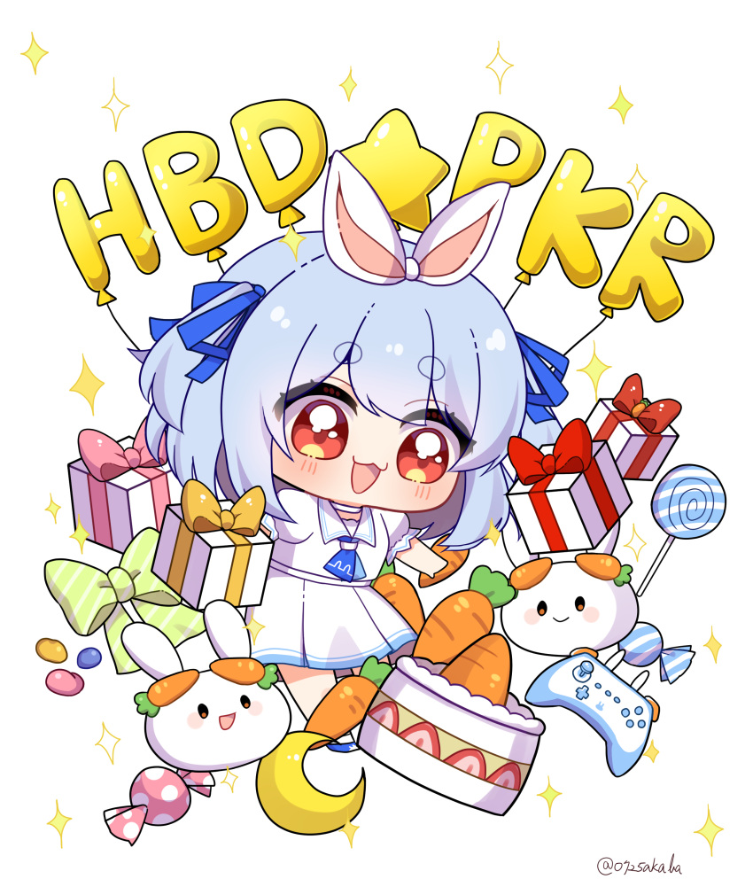 0725akaba :d absurdres animal_ears balloon blue_footwear blue_hair blue_ribbon blush box cake candy candy_wrapper carrot chibi collared_shirt commentary_request controller crescent food fruit game_controller gift gift_box hair_ribbon happy_birthday highres hololive lollipop nousagi_(usada_pekora) pleated_skirt puffy_short_sleeves puffy_sleeves rabbit_ears red_eyes ribbon shirt shoes short_eyebrows short_sleeves simple_background skirt smile sparkle strawberry swirl_lollipop thick_eyebrows twitter_username two_side_up usada_pekora virtual_youtuber white_background white_shirt white_skirt