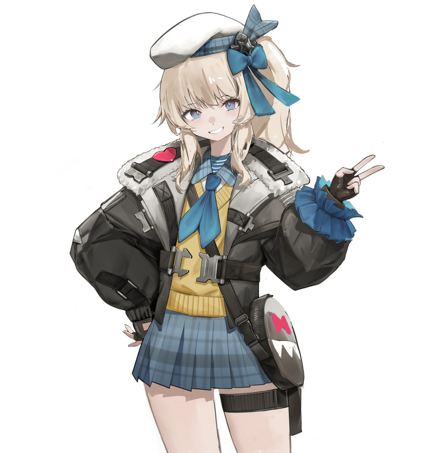 1girl beret black_bag black_gloves black_jacket blonde_hair blue_bow blue_eyes blue_neckerchief blue_skirt bow collared_shirt cowboy_shot fingerless_gloves fur-trimmed_jacket fur_trim girls'_frontline_2:_exilium girls_frontline gloves grin hair_bow hand_on_own_hip hand_up hat heart highres jacket long_sleeves looking_at_viewer neckerchief open_clothes open_jacket plaid plaid_skirt pleated_skirt roupo99 shirt sidelocks simple_background skirt smile solo sweater_vest thigh_pouch vepley_(girls'_frontline_2) white_background white_hair yellow_sweater_vest